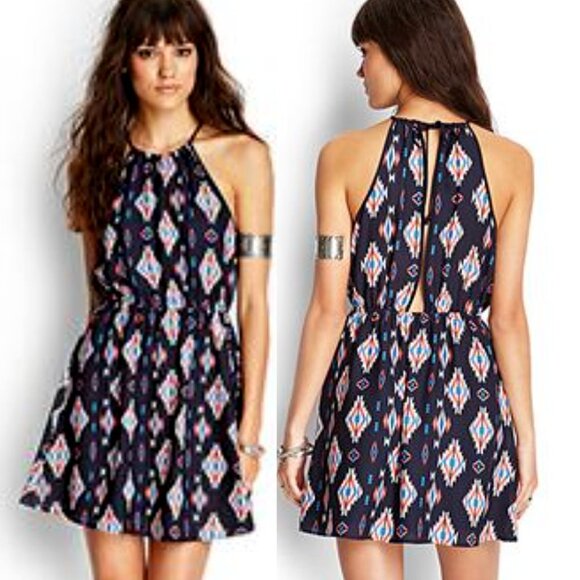 Forever 21 Women's Halter High Neck Backless Geometric Print Mini Dress Small - Picture 2 of 15